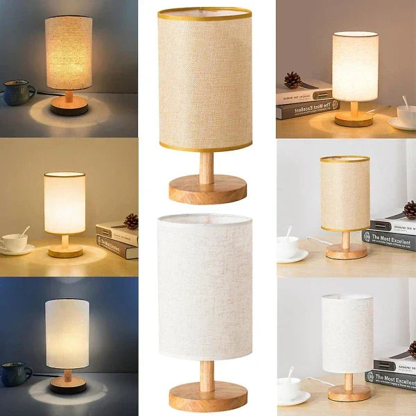 "Moderne houten nachtkastje lamp, tafellamp met dimbaar licht, afstandsbediening, natuurlijke houtlook, USB-aangedreven."