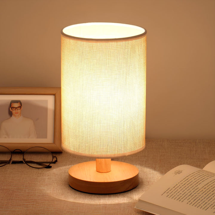 "Moderne houten nachtkastje lamp, tafellamp met dimbaar licht, afstandsbediening, natuurlijke houtlook, USB-aangedreven."