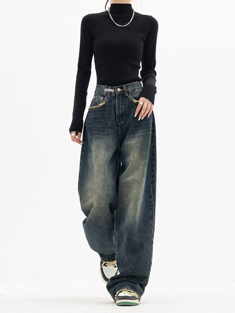 "Modieuze baggy jeans met hoge taille en wijde pijpen in Koreaanse stijl voor vrouwen, ideaal voor stijlvolle streetwear."