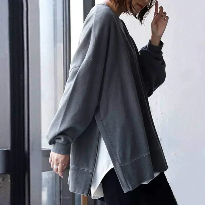 Modieuze oversized damestrui Sylvette, comfortabel lang silhouet. Ideaal voor herfst en wintermode.