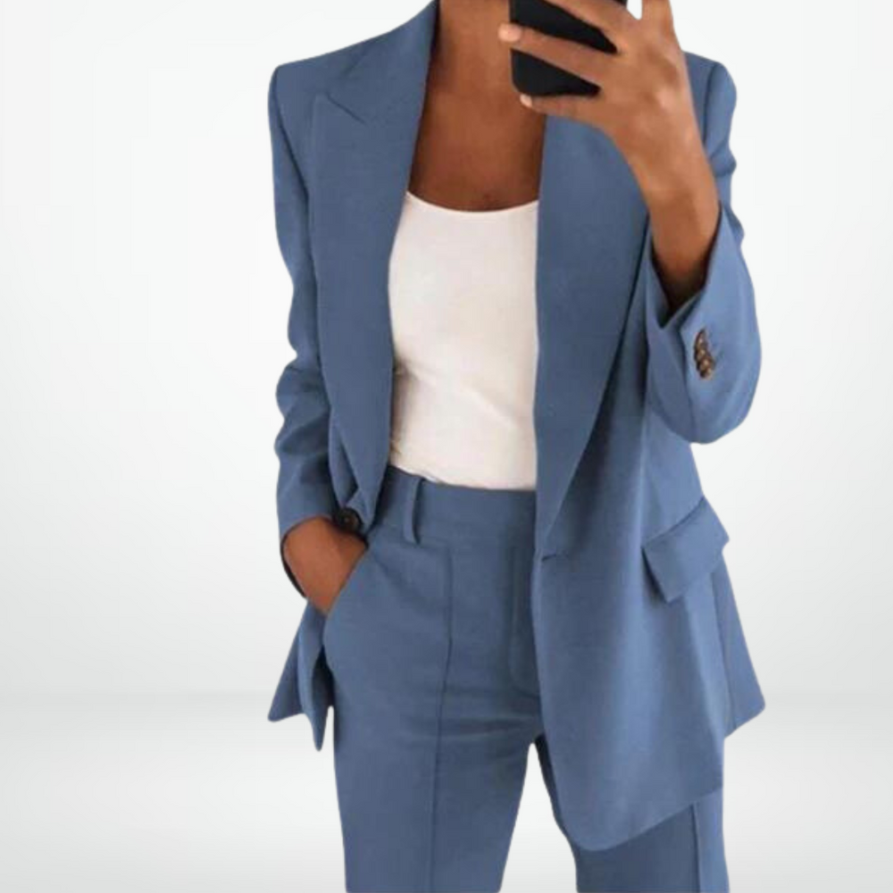 "Modieuze tweedelige dames set met blazer en pantalon, elegante lijnen, beschikbaar in beige, blauw, grijs, khaki, roze, zwar