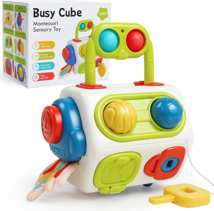 "Montessori Busy Cube speelgoed, compact met kleurrijke vormen, stimuleert zintuigen, ideaal voor kinderen onderweg."