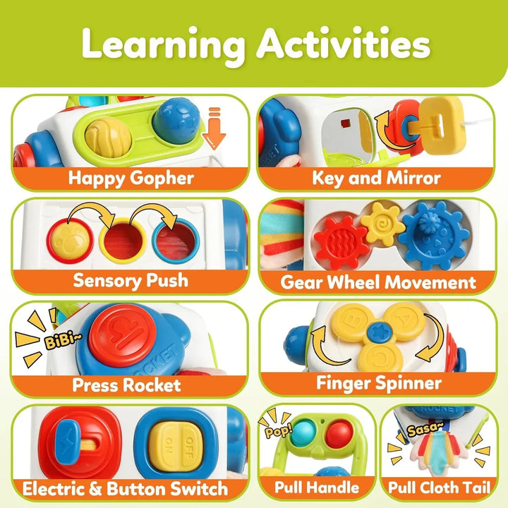 "Montessori Busy Cube speelgoed, compact met kleurrijke vormen, stimuleert zintuigen, ideaal voor kinderen onderweg."