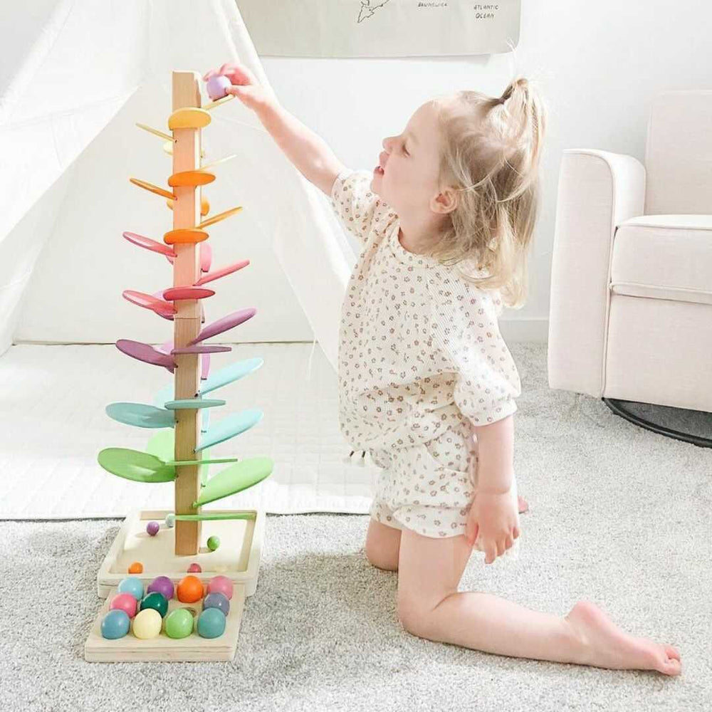 "Montessori Regenboog Knikkerboom: kleurrijke houten toren met knikkers en muziek voor zintuiglijke ontwikkeling kinderen"