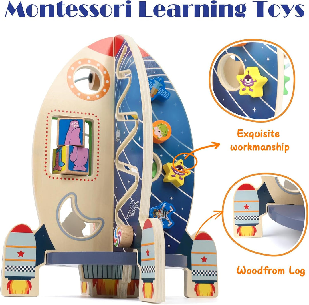 "Montessori ruimteraket activiteitenkubus, kleurrijk hout, met kralenlabyrint, vormpjespuzzel en tandwielen voor 1+ jaar"