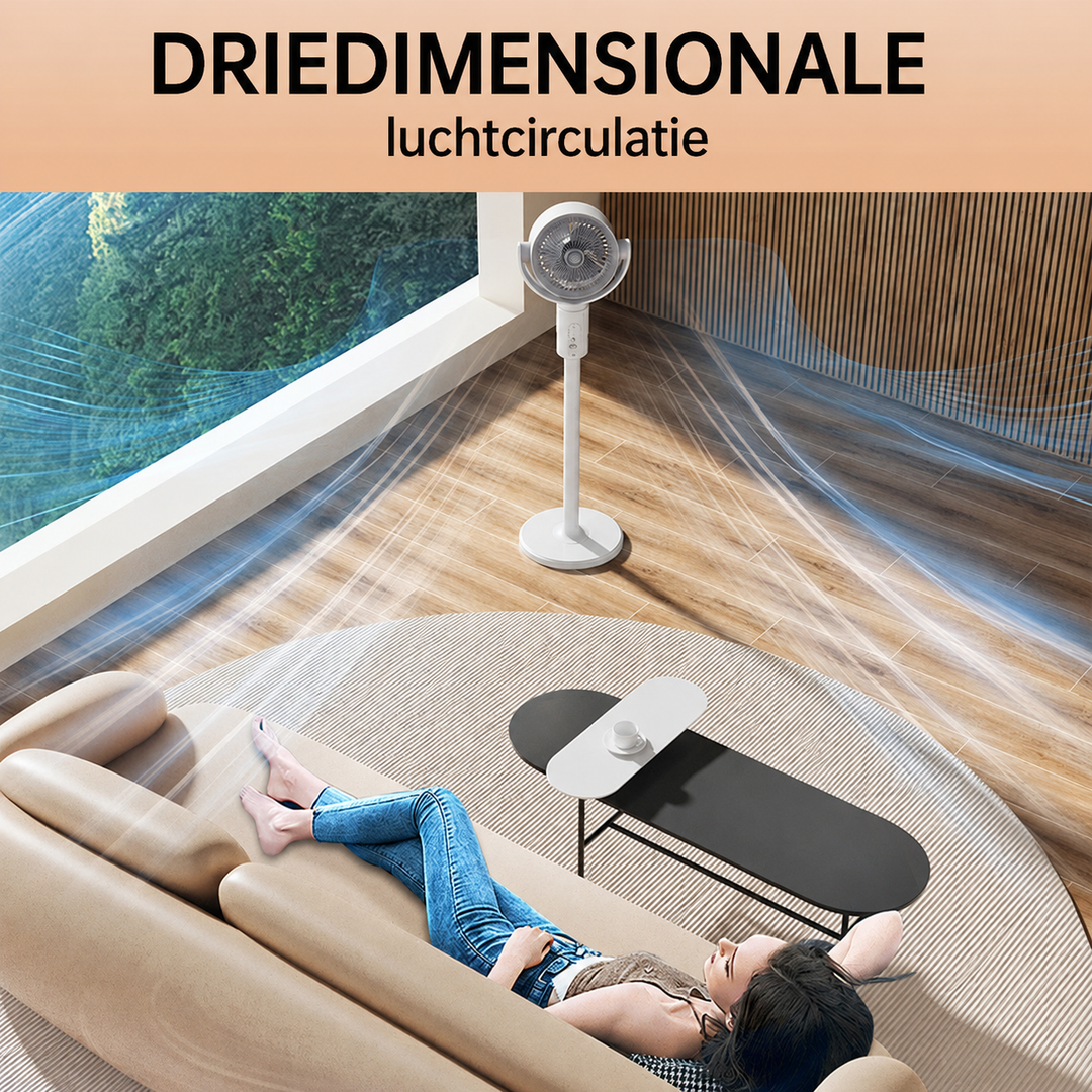 Driedimensionale luchtcirculatie door de krachtige staande ventilator in een woonkamer