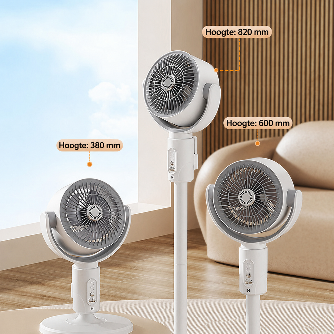 Overzicht van de verstelbare hoogtes van de witte staande ventilator