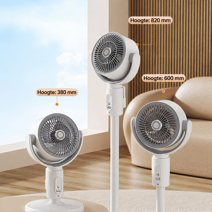 Overzicht van de verstelbare hoogtes van de witte staande ventilator