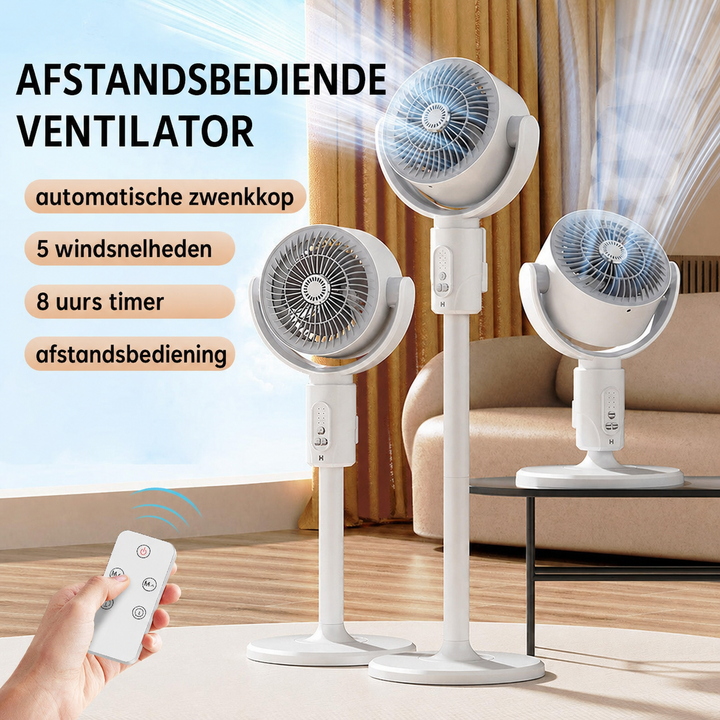 Staande ventilator in het wit met afstandsbediening en handige bedieningsopties