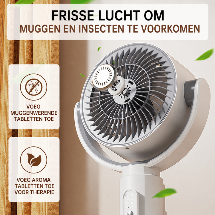 Verstelbare staande ventilator getoond vanuit een hoek voor een goede indruk van het design