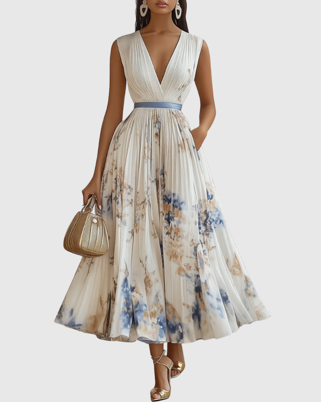 Elegante plissé maxi jurk met v-hals, ideaal als feestjurk of galajurk voor dames.