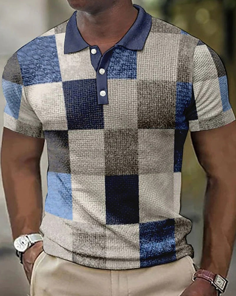 Comfortabel heren poloshirt met unieke 3D print en ademend rasterpatroon, perfect voor zomer.