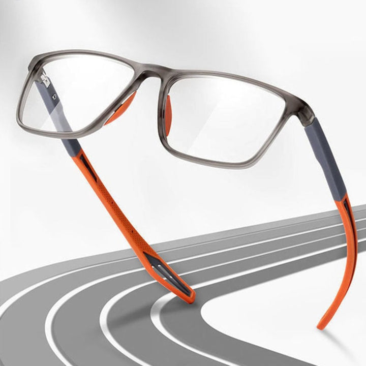 Close-up van een moderne, universele multifocale leesbril. Toont het lichtgewicht polycarbonaat frame en de heldere lenzen.