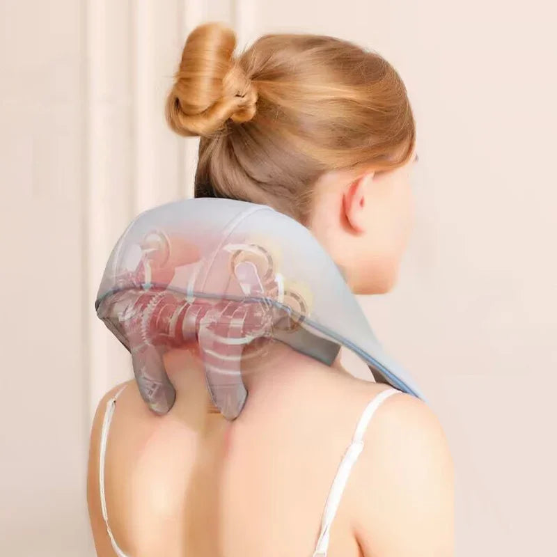 "Multifunctioneel nekmassage apparaat met shiatsu en warmte, verlichting voor nek, schouders, rug, draadloos en draagbaar."