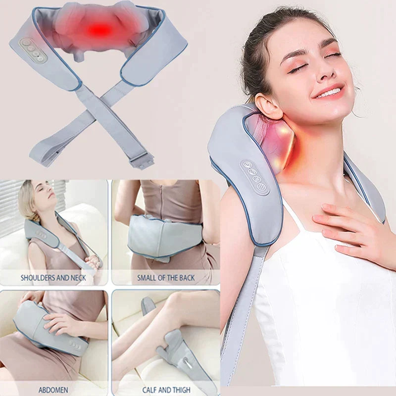 "Multifunctioneel nekmassage apparaat met shiatsu en warmte, verlichting voor nek, schouders, rug, draadloos en draagbaar."