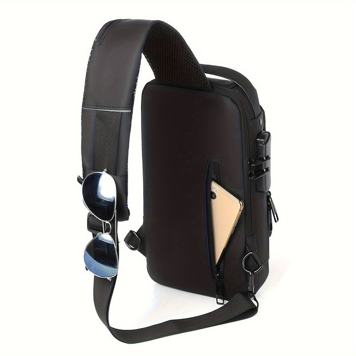 "Multifunctionele heren crossbodytas, donkergrijs, anti-diefstal functies, USB-poort, duurzame Oxford stof, avontuurlijk desi