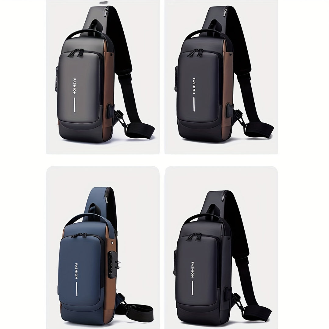"Multifunctionele heren crossbodytas, donkergrijs, anti-diefstal functies, USB-poort, duurzame Oxford stof, avontuurlijk desi