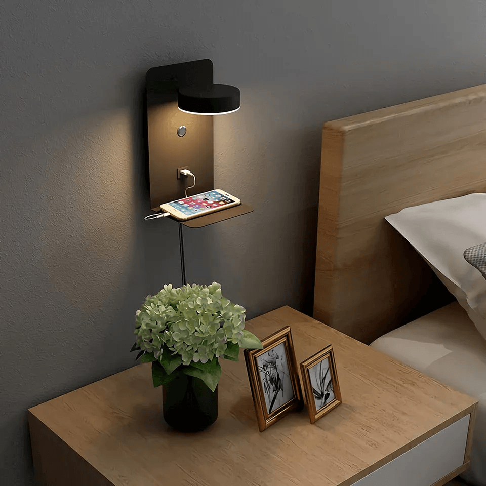 Nachtlamp met USB-lader, 330° draaibaar en dimbaar, modern design, zwart-wit, 12W ideaal voor slaapkamer en woonkamer.