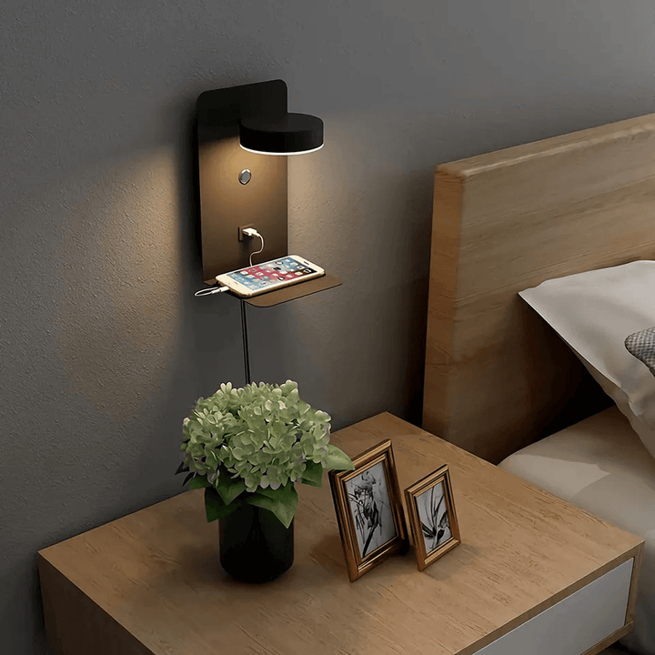 Nachtlamp met USB-lader, 330° draaibaar en dimbaar, modern design, zwart-wit, 12W ideaal voor slaapkamer en woonkamer.