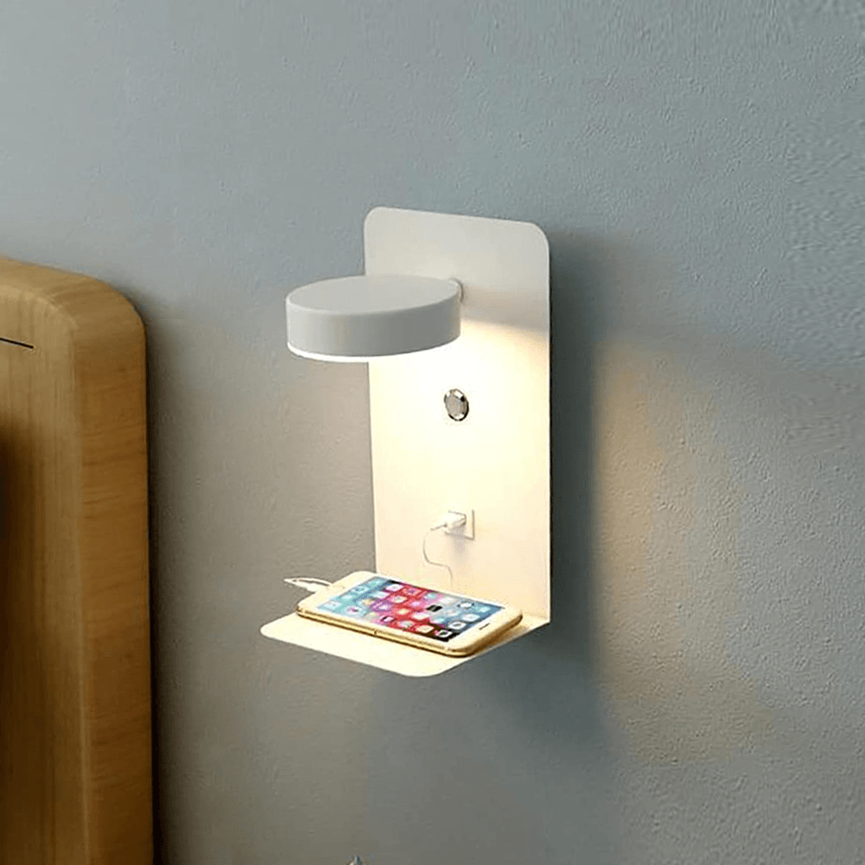 Nachtlamp met USB-lader, 330° draaibaar en dimbaar, modern design, zwart-wit, 12W ideaal voor slaapkamer en woonkamer.