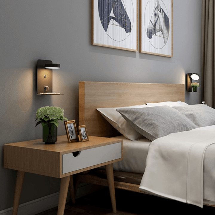 Nachtlamp met USB-lader, 330° draaibaar en dimbaar, modern design, zwart-wit, 12W ideaal voor slaapkamer en woonkamer.