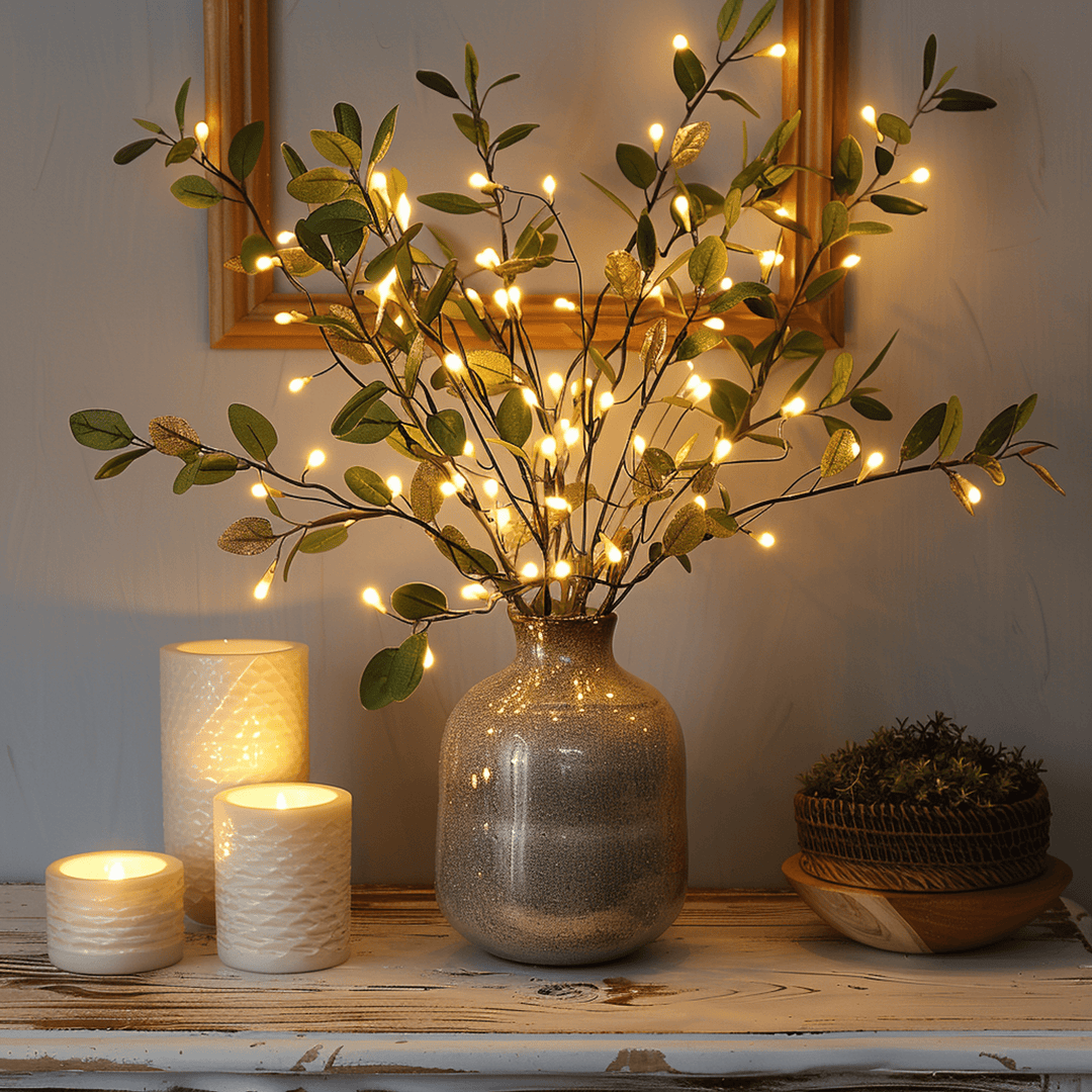 Olijftak verlichtingsdecoratie met 120 warme LED's, natuurlijke sfeer, realistische takken, ideaal voor interieurdecoratie.