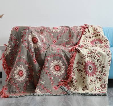 "Omkeerbare plaid deken met vogel- en sterrenpatroon, katoen, 200x230 cm, Scandinavische stijl, accessoire voor interieur."