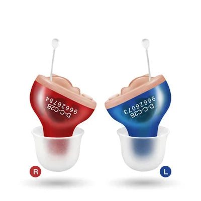 "Oplaadbare hoortoestellen, blauw en huidskleur, discreet design voor dagelijks gebruik, superieure geluidskwaliteit."