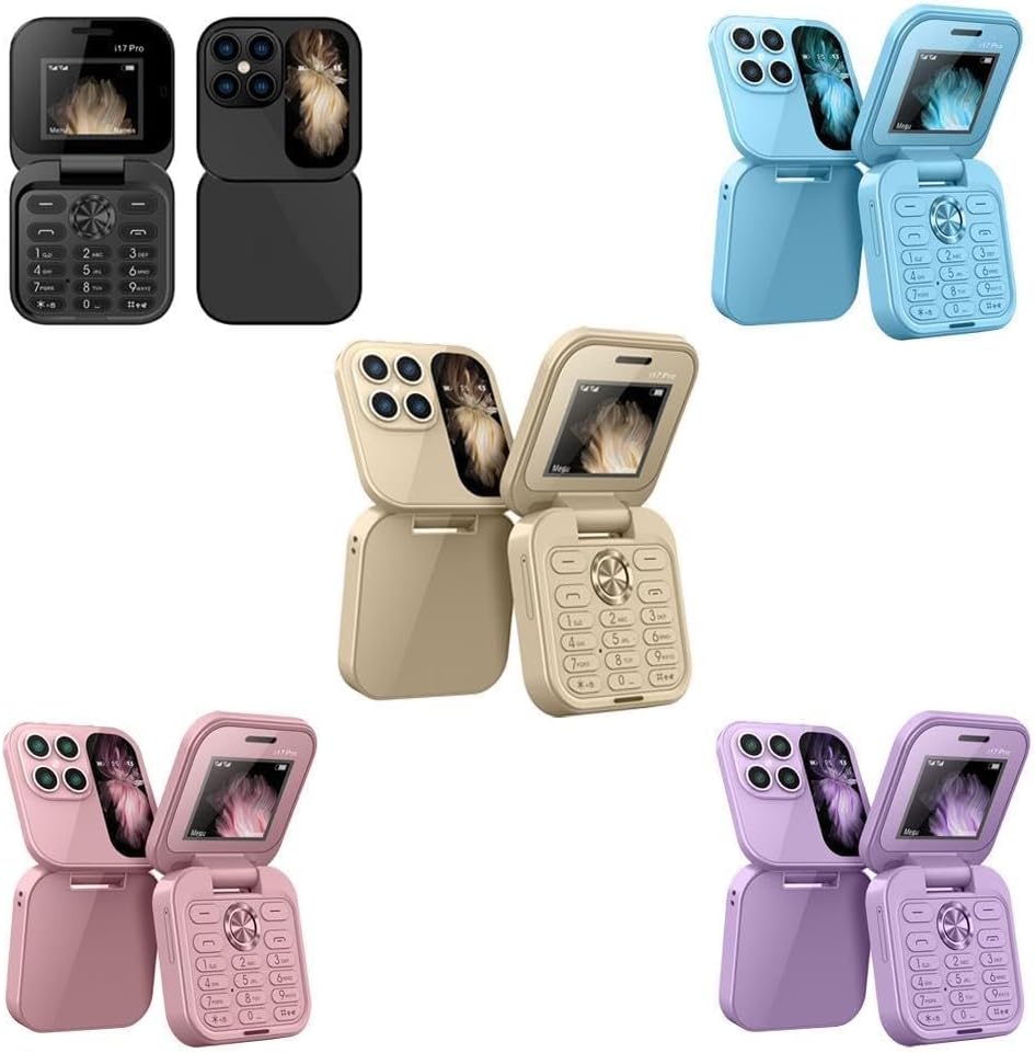 "Opvouwbare dual SIM mini telefoon in blauw, stijlvol design met HD-camera en zaklamp, geschikt voor reizen en back-up."