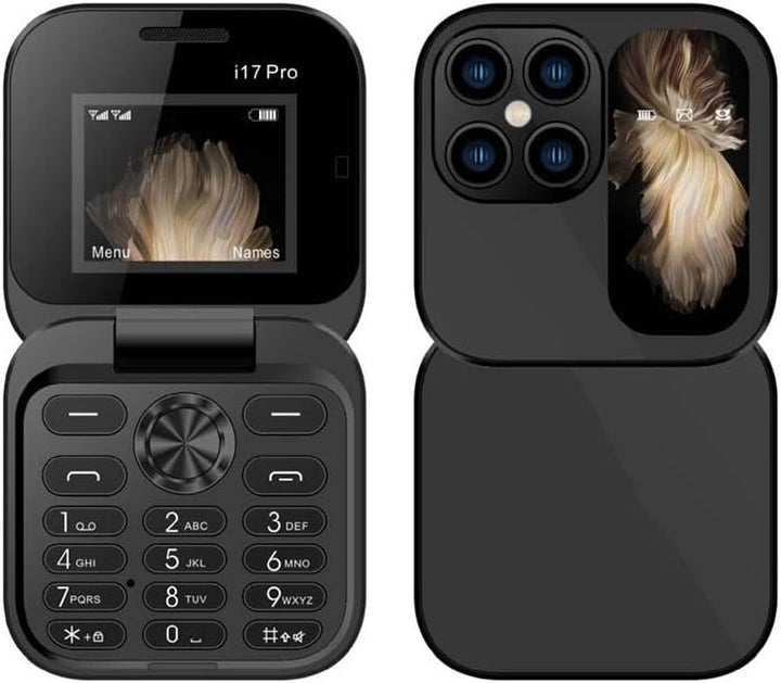 "Opvouwbare dual SIM mini telefoon in blauw, stijlvol design met HD-camera en zaklamp, geschikt voor reizen en back-up."