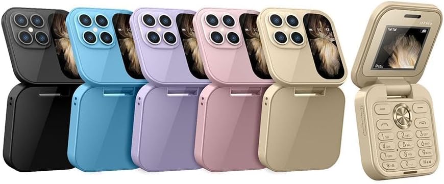 "Opvouwbare dual SIM mini telefoon in blauw, stijlvol design met HD-camera en zaklamp, geschikt voor reizen en back-up."