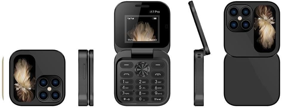 "Opvouwbare dual SIM mini telefoon in blauw, stijlvol design met HD-camera en zaklamp, geschikt voor reizen en back-up."