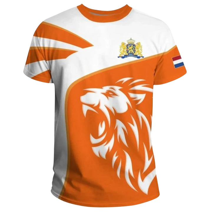 "Oranje Koningsdag T-shirt heren, levendige kleur, oversized fit, ademend polyester, iconische print, vieringen."