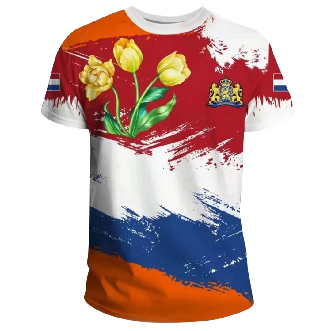 "Oranje Koningsdag T-shirt heren, levendige kleur, oversized fit, ademend polyester, iconische print, vieringen."
