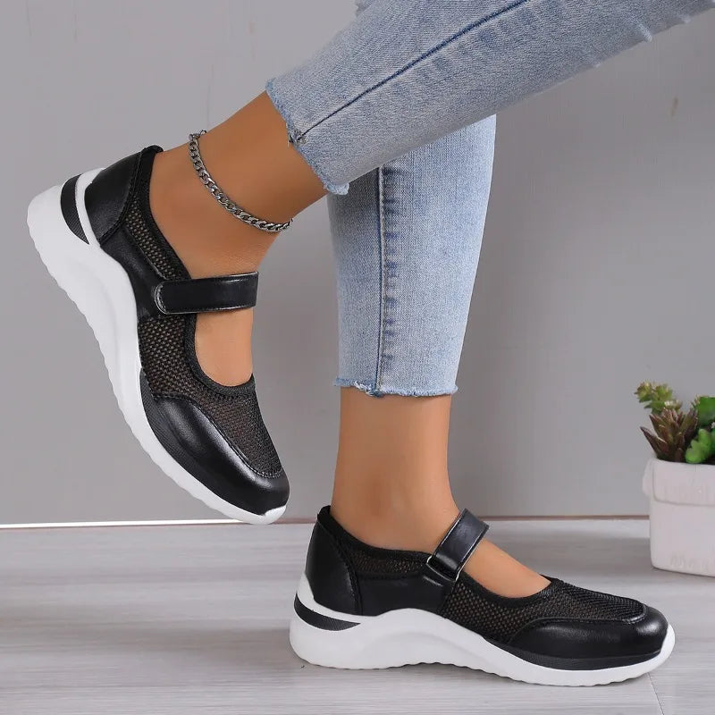 "Orthopedische damesschoenen slip-on, ademend stof, lichtgewicht, schokabsorberende anti-slip zool, casual elegant ontwerp."