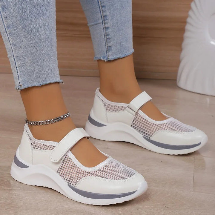 "Orthopedische damesschoenen slip-on, ademend stof, lichtgewicht, schokabsorberende anti-slip zool, casual elegant ontwerp."