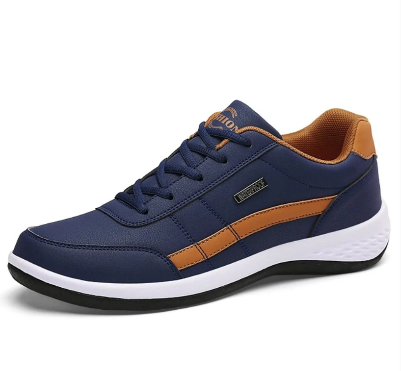"Orthopedische herensneakers, blauwe ademende stof, dempende zool voor comfort en ondersteuning bij dagelijks gebruik."