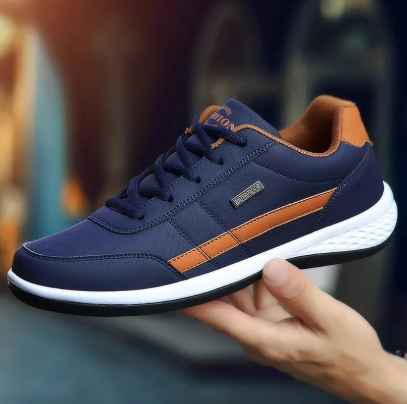 "Orthopedische herensneakers, blauwe ademende stof, dempende zool voor comfort en ondersteuning bij dagelijks gebruik."