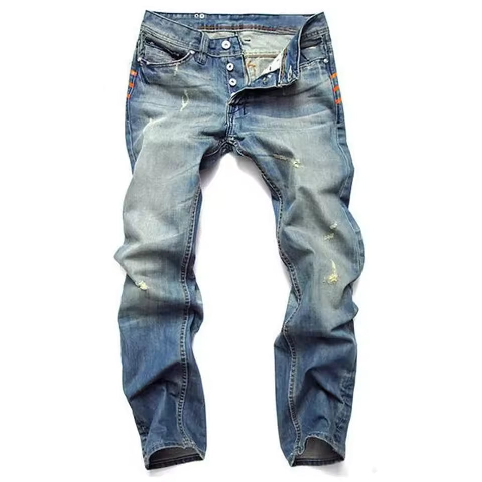 Comfortabele blauwe heren straight-leg jeans met stoere scheuren. Ideaal voor streetwear en dagelijks gebruik.