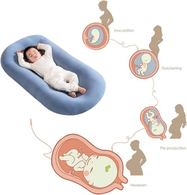 "Pastel baby lounger kussen van zacht katoen, veilige nest voor baby's 0-24 maanden, ademend en ergonomisch ontwerp."