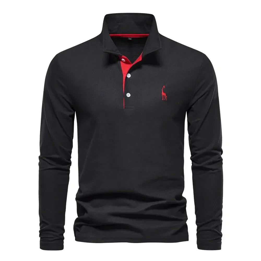 "Polo met lange mouwen voor heren, elegant borduursel, klassieke kraag, veelzijdig en comfortabel in marineblauw."