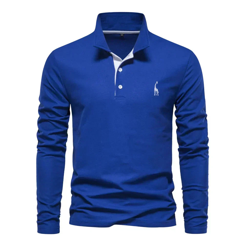 "Polo met lange mouwen voor heren, elegant borduursel, klassieke kraag, veelzijdig en comfortabel in marineblauw."