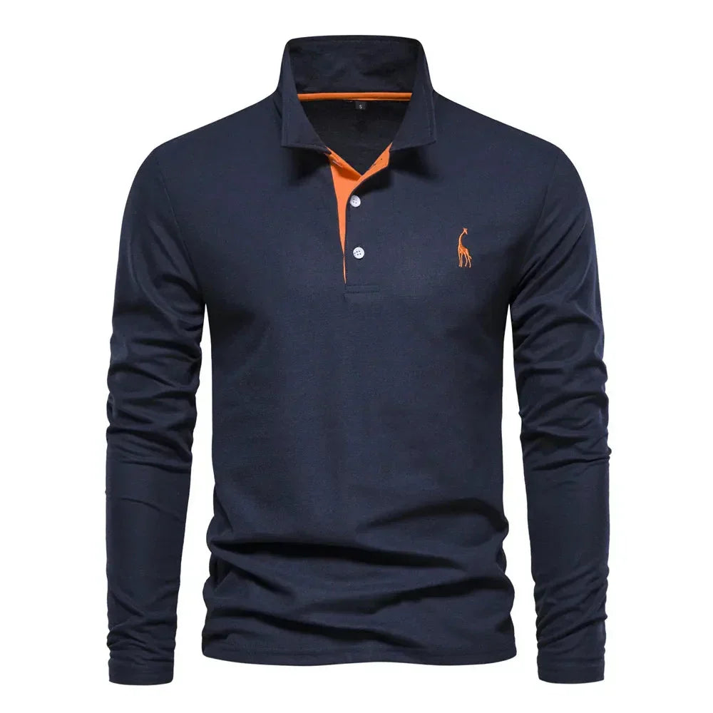 "Polo met lange mouwen voor heren, elegant borduursel, klassieke kraag, veelzijdig en comfortabel in marineblauw."