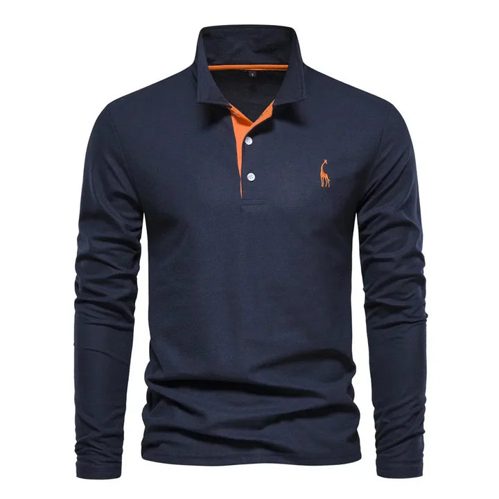 "Polo met lange mouwen voor heren, elegant borduursel, klassieke kraag, veelzijdig en comfortabel in marineblauw."
