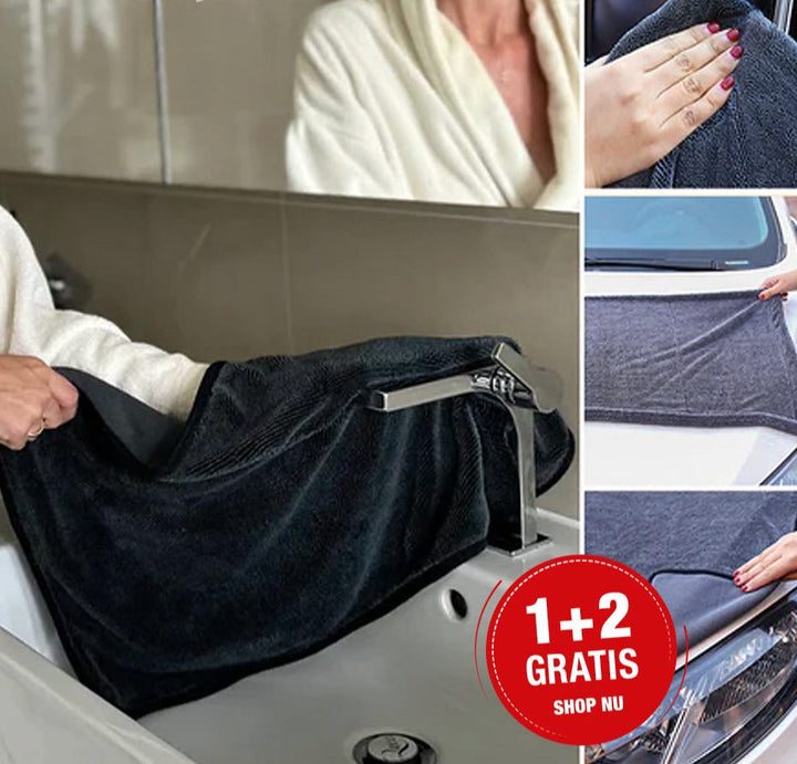 "QuickDry droogdoek absorptiekracht, gedraaide microvezels, streeploze afwerking, ideaal voor glazen oppervlakken."