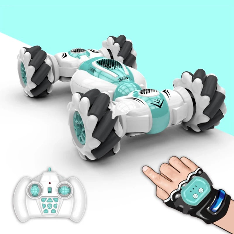 "RC Stunt Car, handbestuurde dubbelzijdige speelauto, kleurrijk ontwerp, geschikt voor avontuurlijke stunts op elk terrein."