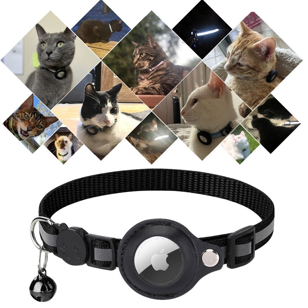 Overzicht van ReflectTrack kattenhalsbanden in diverse kleuren met geïntegreerde trackerhouder.