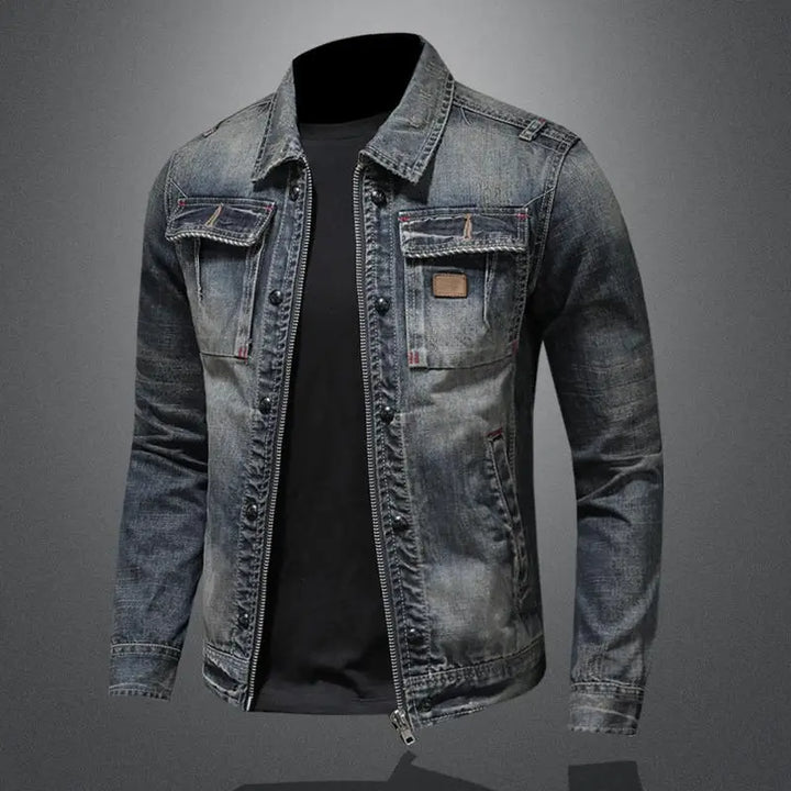 "Retro denim jack voor mannen, stoer ontwerp, stevige knoopsluiting, klassiek blauw, ideale casual stijl."
