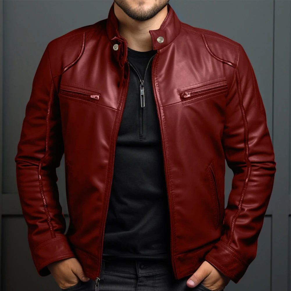 "Retro motorjack heren, tijdloos stoer met opstaande kraag, fleecevoering, kunstleer in kleuren zwart, bruin, groen, rood, bl