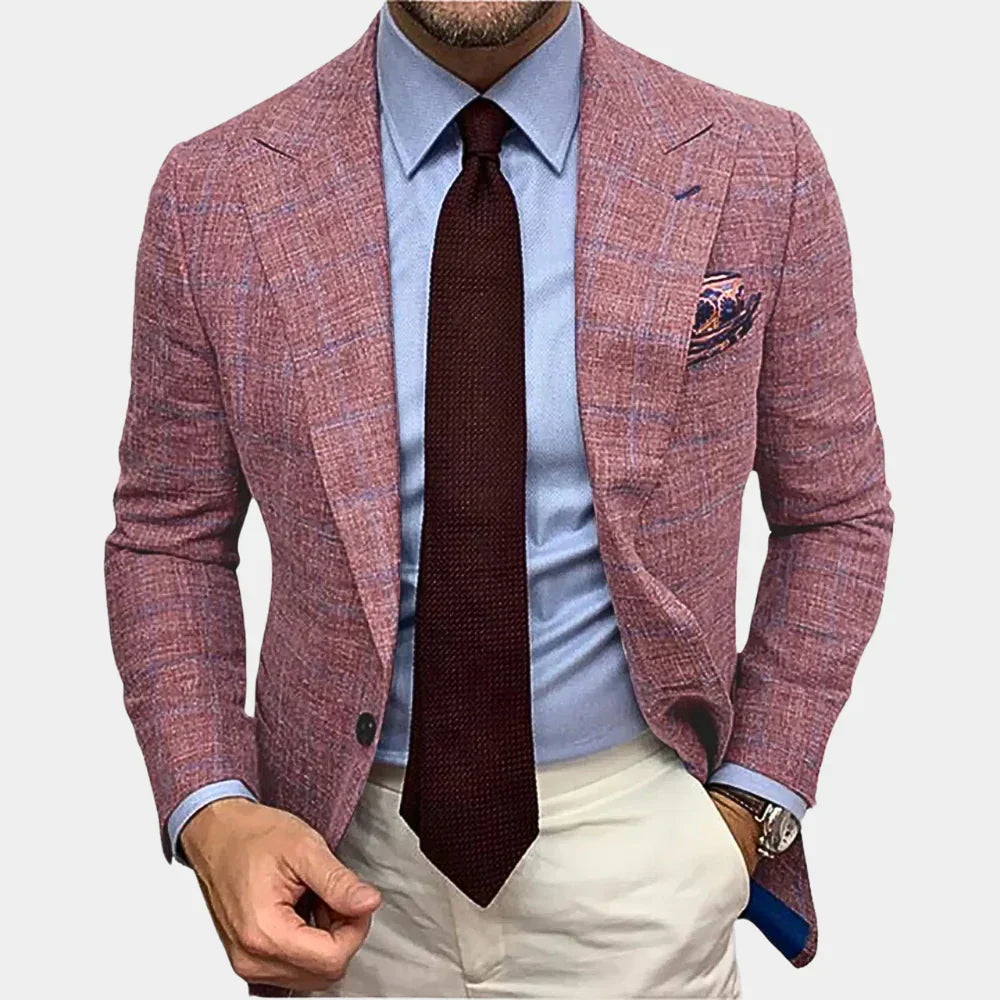 "Rode slank fit herenblazer, modern en veelzijdig, perfect voor elke gelegenheid. Maak je outfit compleet met stijlvolle eleg